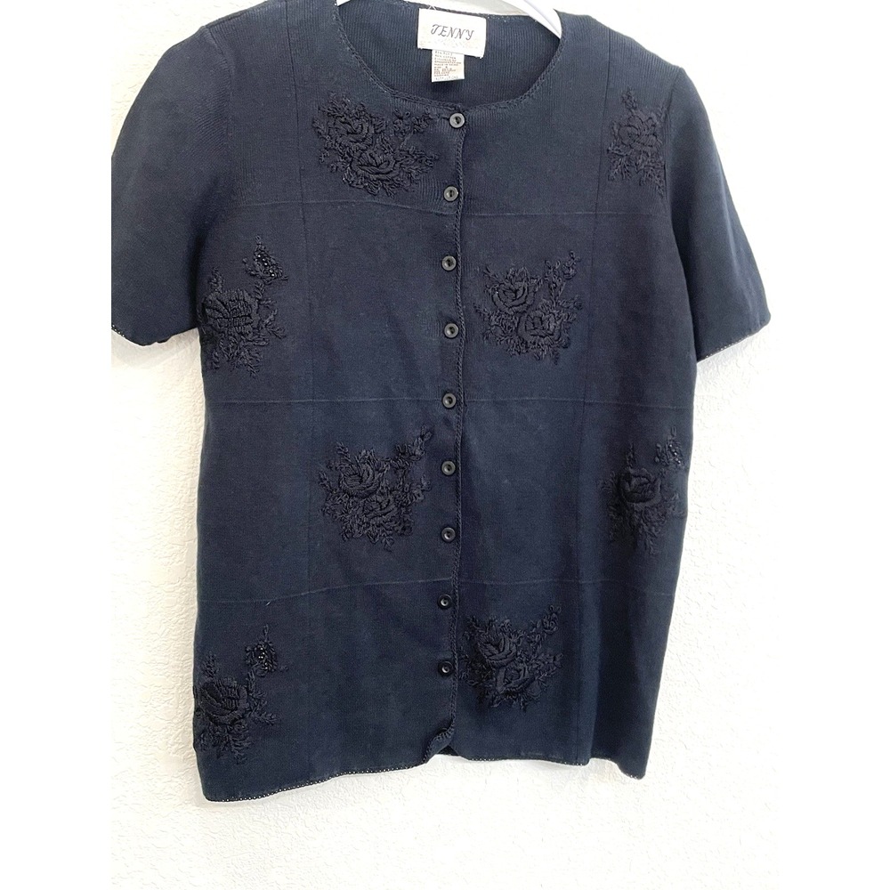 Vintage Jenny Embroidered Sequin Cardigan Sweater Floral‎ Knit Black Small